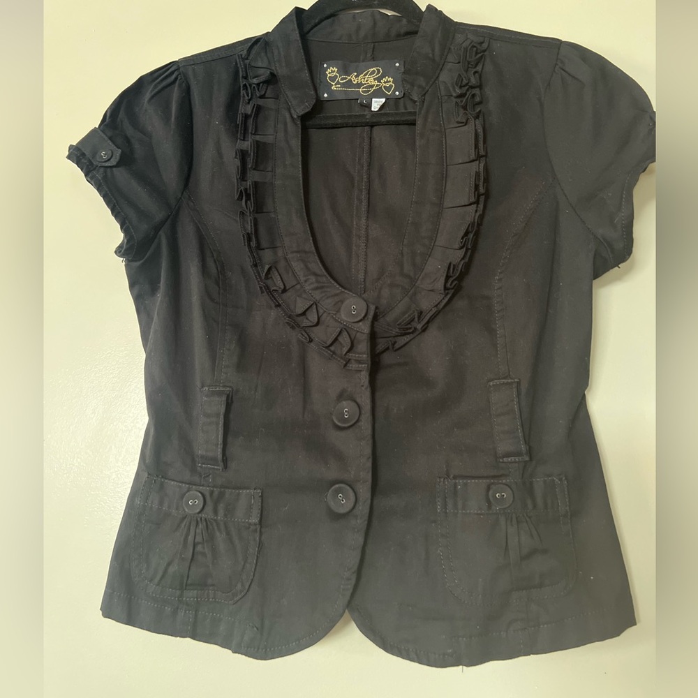Ashley, Black Ruffled Collar Button-Front Top